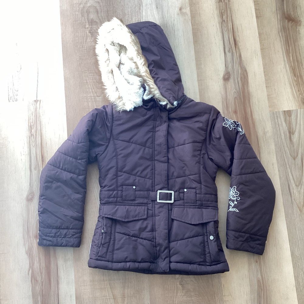 London Fog brown puffer coat faux fur hood | girls 10/12 | belted winter jacket